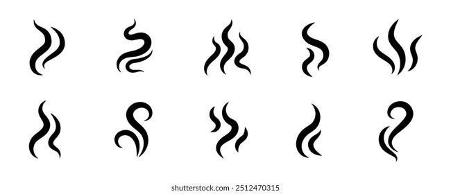 Smoke steam icon vector logo set. Smoke smell, steam aroma heat icon illustration. Hot vapor fire doodle line logo. Hit stink, coffee, fragrance flame elements. Vector illustration.