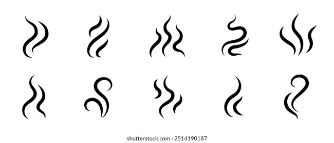 Smoke steam icon vector logo set. Smoke smell, steam aroma heat icon illustration. Hot vapor fire doodle line logo. Hit stink, coffee, fragrance flame elements. Vector illustration.