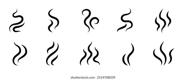 Smoke steam icon vector logo set. Smoke smell, steam aroma heat icon illustration. Hot vapor fire doodle line logo. Hit stink, coffee, fragrance flame elements. Vector illustration.