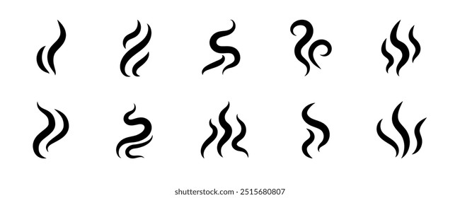 Fumaça ícone de vapor conjunto de logotipo vetorial. Cheiro de fumaça, aroma a vapor ícone de calor ilustração. Logotipo de linha de doodle de fogo de vapor quente. Acerte fedor, café, elementos de chama fragrância. Ilustração vetorial.