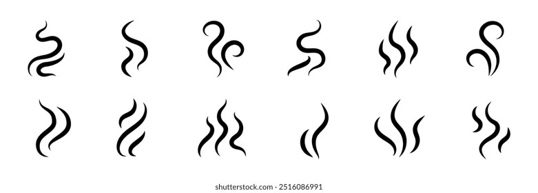 Conjunto de logotipo de Vector de icono de vapor de Smoke. Ilustración de ícono de calor de aroma de vapor, olor de Smoke. Logo de la línea de doodle de fuego de vapor caliente. Hit apesta, café, Elementos de la llama de la fragancia. Ilustración vectorial.