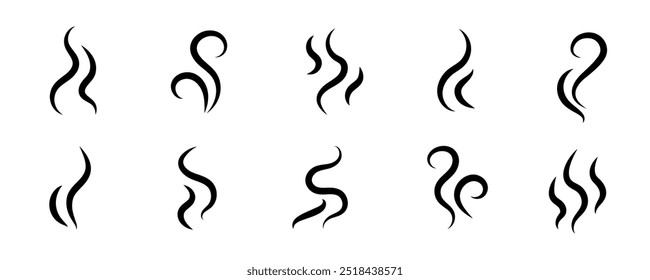 Smoke steam icon vector logo set. Smoke smell, steam aroma heat icon illustration. Hot vapor fire doodle line logo. Hit stink, coffee, fragrance flame elements. Vector illustration.