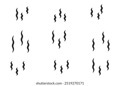 Smoke steam icon vector logo set. Smoke smell, steam aroma heat icon illustration. Hot vapor fire doodle line logo. Hit stink, coffee, fragrance flame elements. Vector illustration.