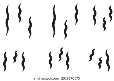 Smoke steam icon vector logo set. Smoke smell, steam aroma heat icon illustration. Hot vapor fire doodle line logo. Hit stink, coffee, fragrance flame elements. Vector illustration.