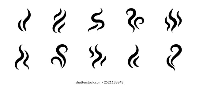 Conjunto de logotipo de Vector de icono de vapor de Smoke. Ilustración de ícono de calor de aroma de vapor, olor de Smoke. Logo de la línea de doodle de fuego de vapor caliente. Hit apesta, café, Elementos de la llama de la fragancia. Ilustración vectorial.