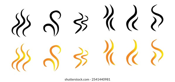 Conjunto de logotipo de Vector de icono de vapor de Smoke. Ilustración de ícono de calor de aroma de vapor, olor de Smoke. Logo de la línea de doodle de fuego de vapor caliente. Hit apesta, café, Elementos de la llama de la fragancia. Ilustración vectorial.