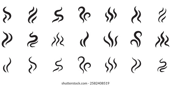 Smoke steam icon vector logo set. Smoke smell, steam aroma heat icon illustration. Hot vapor fire doodle line logo. Hit stink, coffee, fragrance flame elements. Vector illustration eps file.