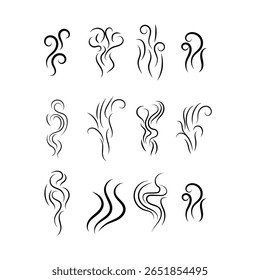Fumaça ícone de vapor conjunto de logotipo vetorial. Cheiro de fumaça, aroma a vapor ícone de calor ilustração. Logotipo de linha de doodle de fogo de vapor quente. Acerte fedor, café, elementos de chama fragrância. Ilustração vetorial.
