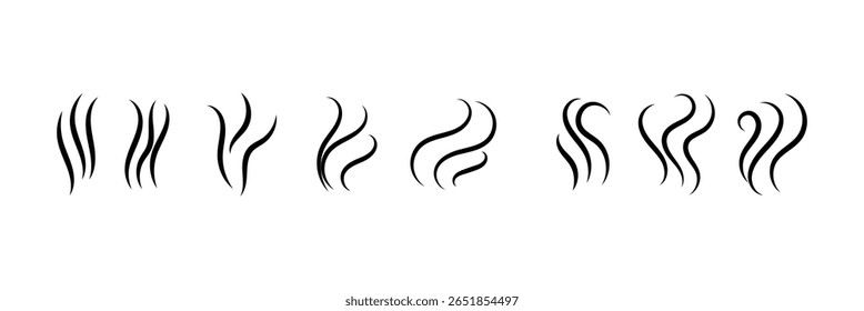 Fumaça ícone de vapor conjunto de logotipo vetorial. Cheiro de fumaça, aroma a vapor ícone de calor ilustração. Logotipo de linha de doodle de fogo de vapor quente. Acerte fedor, café, elementos de chama fragrância. Ilustração vetorial.
