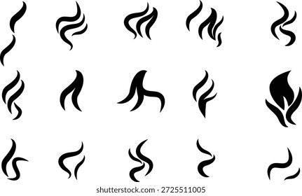 Fumaça ícone de vapor conjunto de logotipo vetorial. Cheiro de fumaça, aroma a vapor ícone de calor ilustração. Logotipo de linha de doodle de fogo de vapor quente. Acerte fedor, café, elementos de chama fragrância. Ilustração vetorial..