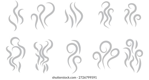 Smoke steam icon vector logo set. Smoke smell, steam aroma heat icon illustration. Hot vapor fire doodle line logo. Hit stink, coffee, fragrance flame elements. Vector illustration.