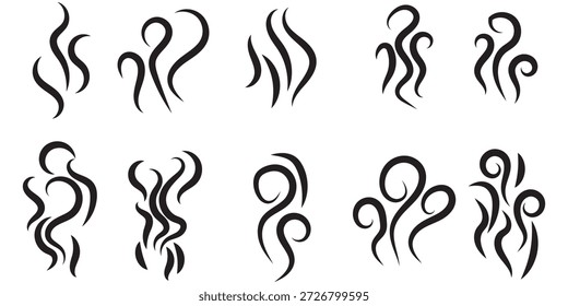 Conjunto de logotipo de Vector de icono de vapor de Smoke. Ilustración de ícono de calor de aroma de vapor, olor de Smoke. Logo de la línea de doodle de fuego de vapor caliente. Hit apesta, café, Elementos de la llama de la fragancia. Ilustración vectorial.