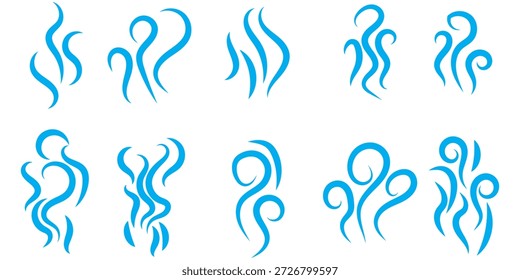 Conjunto de logotipo de Vector de icono de vapor de Smoke. Ilustración de ícono de calor de aroma de vapor, olor de Smoke. Logo de la línea de doodle de fuego de vapor caliente. Hit apesta, café, Elementos de la llama de la fragancia. Ilustración vectorial.