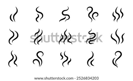 Smoke steam icon vector logo set. Smoke smell, steam aroma heat icon illustration. Hot vapor fire doodle line logo. Hit stink, coffee, fragrance flame elements. Vector illustration.