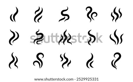 Smoke steam icon vector logo set. Smoke smell, steam aroma heat icon illustration. Hot vapor fire doodle line logo. Hit stink, coffee, fragrance flame elements. Vector illustration.