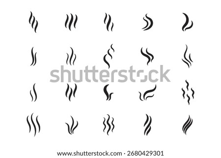 Smoke steam icon vector logo set. Smoke smell, steam aroma heat icon illustration. Hot vapor fire doodle line logo. Hit stink, coffee, fragrance flame elements. Vector illustration.