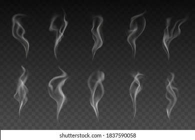 Smoke or steam isolated vector set. White smogs of cigarette, vapor waves or hot food or drink on transparent background. Magic haze or vapour texture, smoke of hookah, Realistic 3d mockup, elements