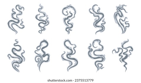 Smoke steam signs. Hand drawn wavy vapor steaming smoking elements, cartoon smells and aromas lines isolated vector items