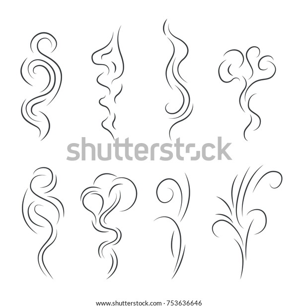 煙蒸気の記号黒い細い線のアイコンセット煙と蒸気のエレメント スモッグ線形記号のベクターイラスト のベクター画像素材 ロイヤリティフリー