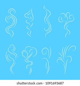 Smoke Steam Vapor Signs White Thin Line Icon Set Smoking and Steaming Elements on a Blue Background. Vector illustration of Smog Linear Sign
