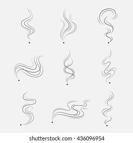 Smoke, Steam Or Vapor Vector Set As Dark Lines. Abstract Icons Smell Isolated On White Background. Simple, Linear Stretching Up Clouds Fragrance. 