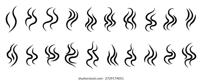 Smoke and steam vector logo set. Hot vapor, aroma, heat, and flame line icons with coffee and fragrance symbols. Clean doodle style vector illustration.