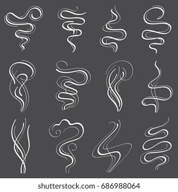 Smoke steam vector set. Smell and fumes line icons isolated on white. Linear smell smoke from cigarette illustration
