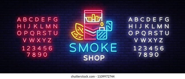 Smoke Store Logo Neon Vector. Cigarette shop neon sign, vector design template vector illustration on tobacco theme, bright night cigarette advertisement. Vector. Editing text neon sign