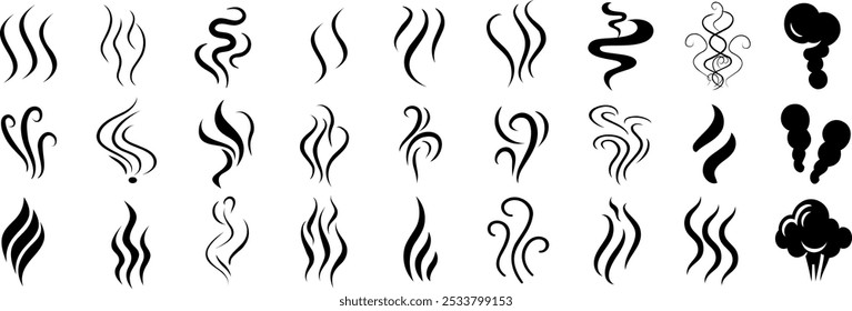 Ícones de espiral de fumaça, símbolos de vapor abstratos, linhas curvas, formas fluidas e design minimalista para fumaça, calor ou vapor. Perfeito para logotipos, padrões ou elementos decorativos silhueta de vetor