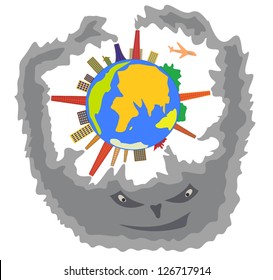 Smoke that produces humankind threatens to Earth. Cartoon vector illustration of ecological concept