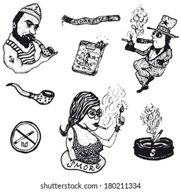 Smoke Tobacco Drugs And Cigarettes Set/ Illustration of a set of doodle hand drawn cigarette, tobacco drugs and smoking elements
