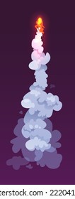 Smoke trace of rocket take-off. Plane or spaceship jets firing flames. Cartoon vector illustration.