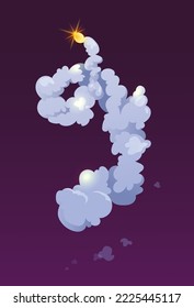 Humo de despegue de cohetes. Aviones o chorros de naves espaciales lanzan llamas. Ilustración vectorial de dibujos animados.