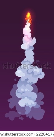 Smoke trace of rocket take-off. Plane or spaceship jets firing flames. Cartoon vector illustration.