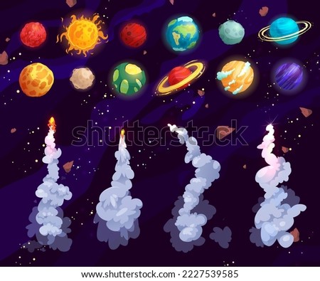 Smoke trace of rocket take-off. Plane or spaceship jets firing flames. Cartoon vector illustration.