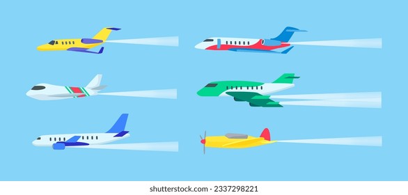 Smoke trails from airplanes vector illustration. Passenger or military jet plane flying in sky, leaving condensation cloud line. Aviation, air transportation, flight, army concept