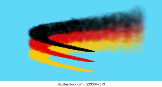 Smoke trails from a flying plane in the colors of the german flag. Red, yellow and black fog against a blue sky. Realistic 3d vector illustration.