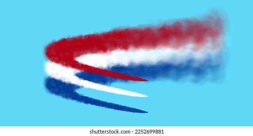 Senderos de humo de un avión volador con los colores de la bandera de los Países Bajos. Niebla azul, roja y blanca contra un cielo. Ilustración vectorial 3d realista.