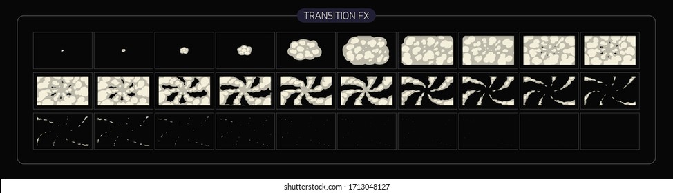 Smoke Transitions Animation. Smoke Transitions Effect Sprites Sheet For Video Game, Cartoon, Animation And Motion Design. 2D Classic Scene Transition. EPS-10 Vector Illustration.