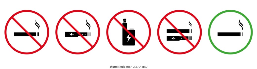 Smoke Vape Cigarette Area Black Silhouette Ban Icon Set. Forbidden Vaping Red Stop Sign, Permit Smoking Tobacco Outdoor Zone Pictogram. Cigarette Area Prohibited Symbol. Isolated Vector Illustration.