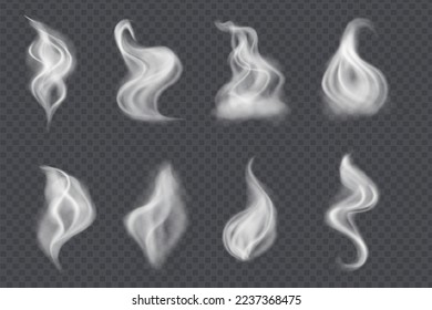 Smoke vector collection, isolated on transparent background. Set of realistic white smoke steam, waves from coffee,tea,cigarettes, hot food. Fog and mist effect.