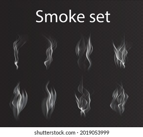 Smoke vector collection, isolated, transparent background. Set of realistic white smoke steam, waves from coffee,tea,cigarettes, hot food,... Fog and mist effect.