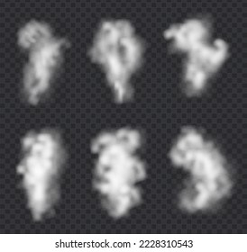 Colección vectorial de humo, fondo aislado y transparente. Conjunto de humo blanco realista, ondas de café, té