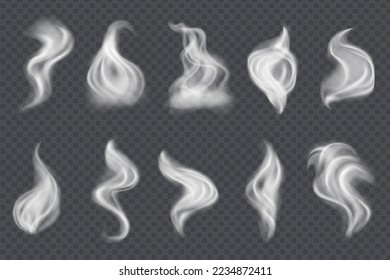 Colección vectorial de humo, fondo aislado y transparente. Polvo blanco, humo o nubes de niebla aisladas sobre fondo transparente. El viento realista sopla los remolinos, fuma el aire o el vapor caliente.