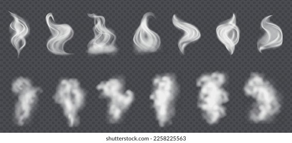 Smoke vector collection, isolated, transparent background. White dust, smoke or fog clouds isolated on transparent background. Realistic wind blow swirls, smoke air or hot steam.