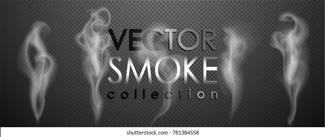	Smoke vector collection, isolated, transparent background. Set of realistic white smoke steam, waves from coffee,tea,cigarettes, hot food,... Fog and mist effect.