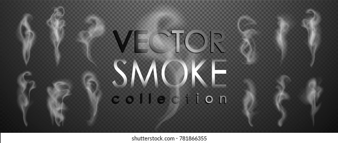 Коллекция дымовых векторов, изолированный, прозрачный фон. Набор реалистичного белого дыма пара, волны от кофе, чая, сигарет, горячей пищи,... Эффект тумана и тумана.