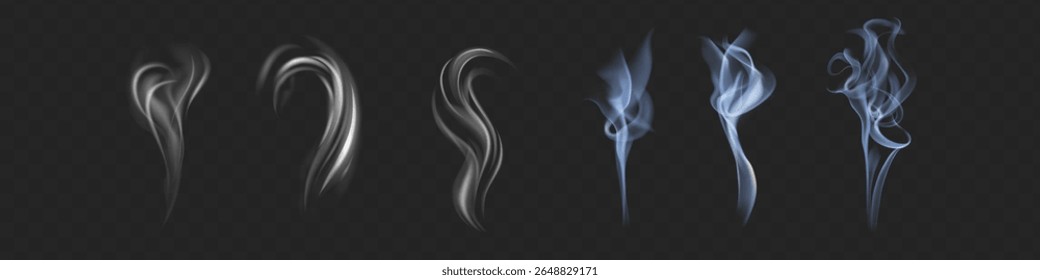 Coleção de vetores de fumaça. Fumaça de cigarro isolada branca. Efeito especial transparente. Ilustração vetorial.