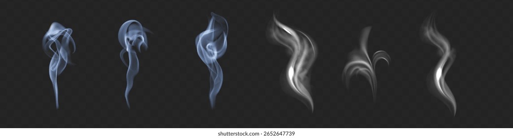 Coleção de vetores de fumaça. Fumaça de cigarro isolada branca. Efeito especial transparente. Ilustração vetorial.