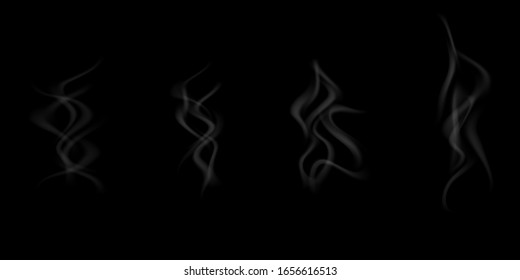 Smoke vectors collection, isolated, transparent background. Set of realistic white smoke smoke, waves of coffee, tea, cigarettes, hot food, ... The effect of fog and fog.